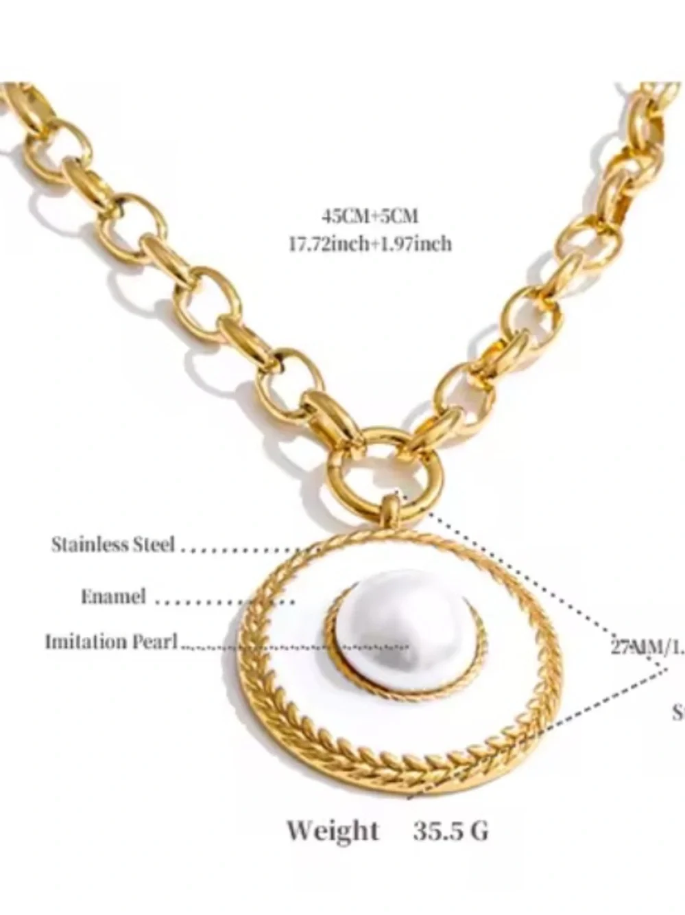 Gold Medallion White Pearl Circle Necklace